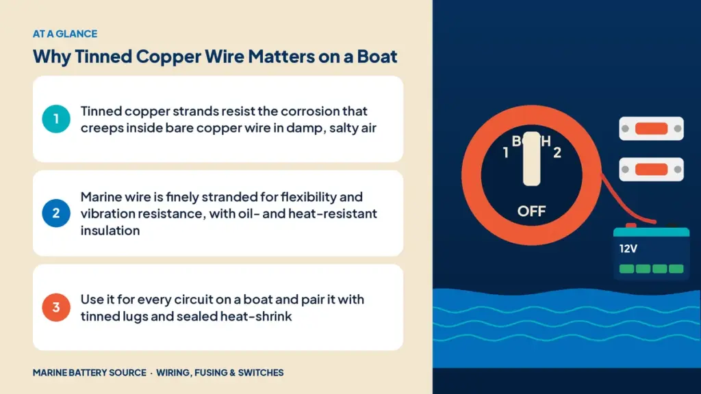 At-a-glance summary: Tinned copper strands resist the corrosion that creeps inside bare copper wire in damp, salty air; Marine wire is finely stranded for flexibility and vibration resistance, with oil- and heat-resistant insulation; Use it for every circuit on a boat and pair it with tinned lugs and sealed heat-shrink