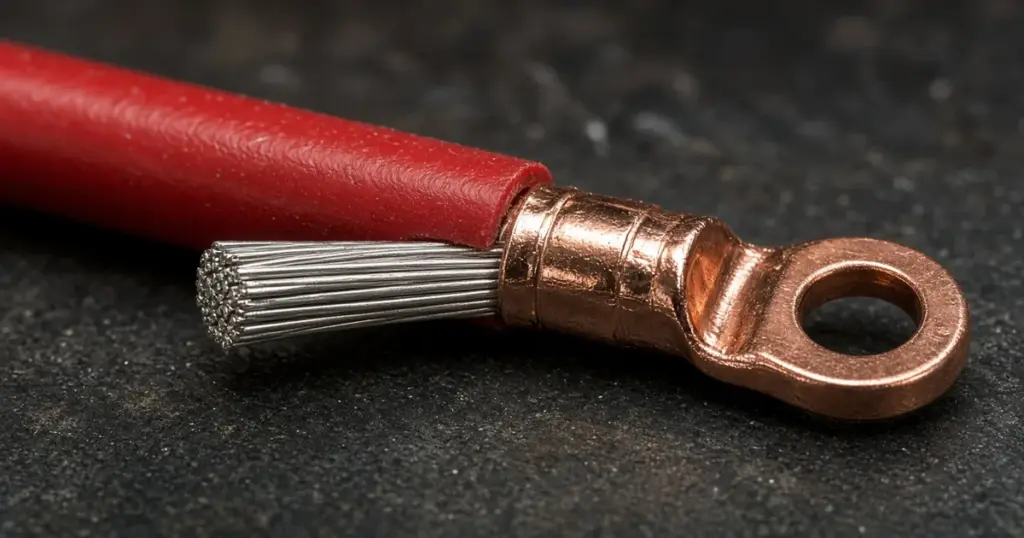 Close-up of red tinned copper cable with exposed strands and a copper ring lug