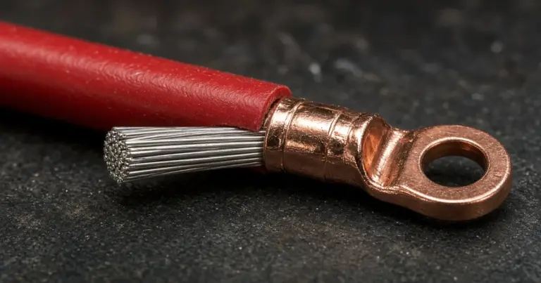 Close-up of red tinned copper cable with exposed strands and a copper ring lug