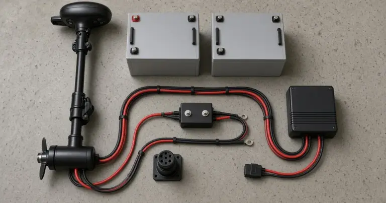 Trolling motor, two batteries, a circuit breaker, plug and cabling laid out on a concrete floor
