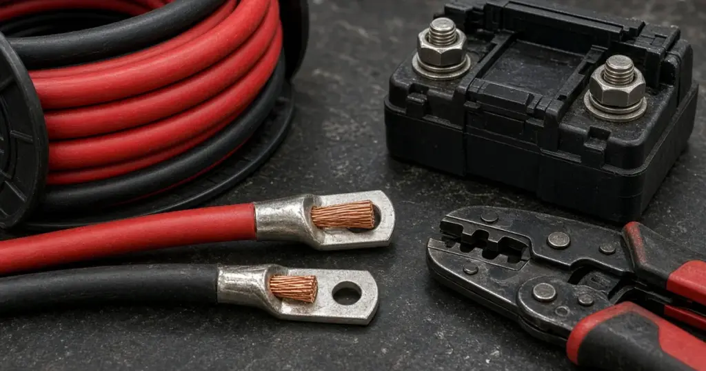 Coils of red marine cable, crimped copper lugs, a circuit breaker and a crimping tool on a workbench