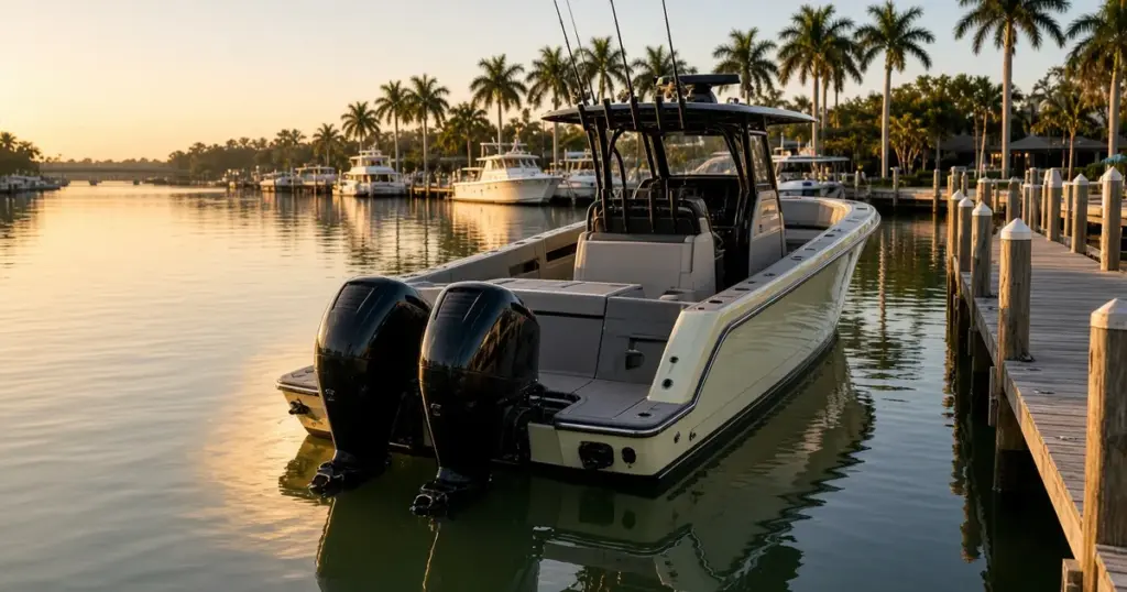 Center console with twin outboard engines tied to a dock at sunset, palm trees behind
