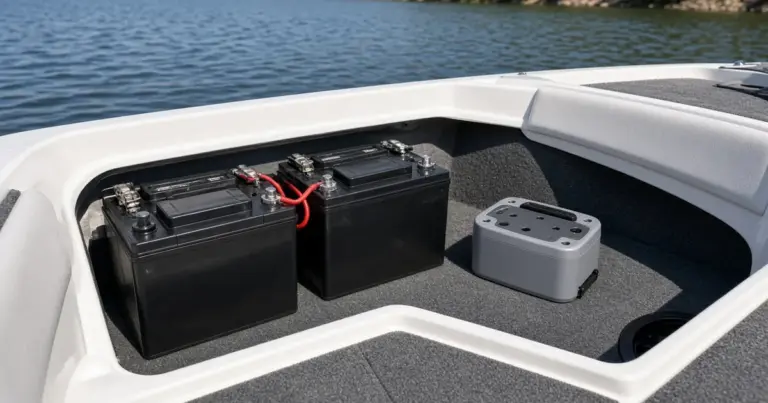 Two batteries wired in series in an open bass boat compartment, next to a smaller battery