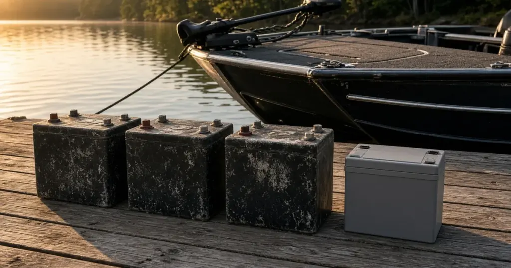 Three worn lead-acid batteries on a wooden dock beside one compact lithium battery, bass boat tied up behind