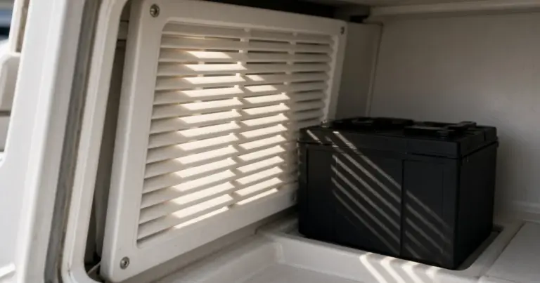 Louvered vent beside a battery in a boat's battery compartment