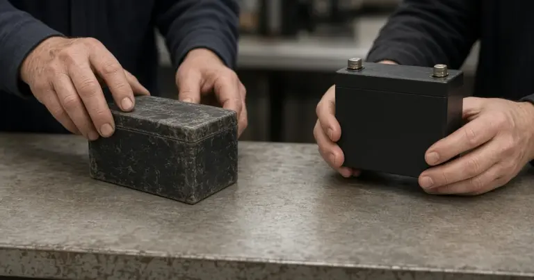 Hands exchanging an old worn battery and a new battery on a shop counter