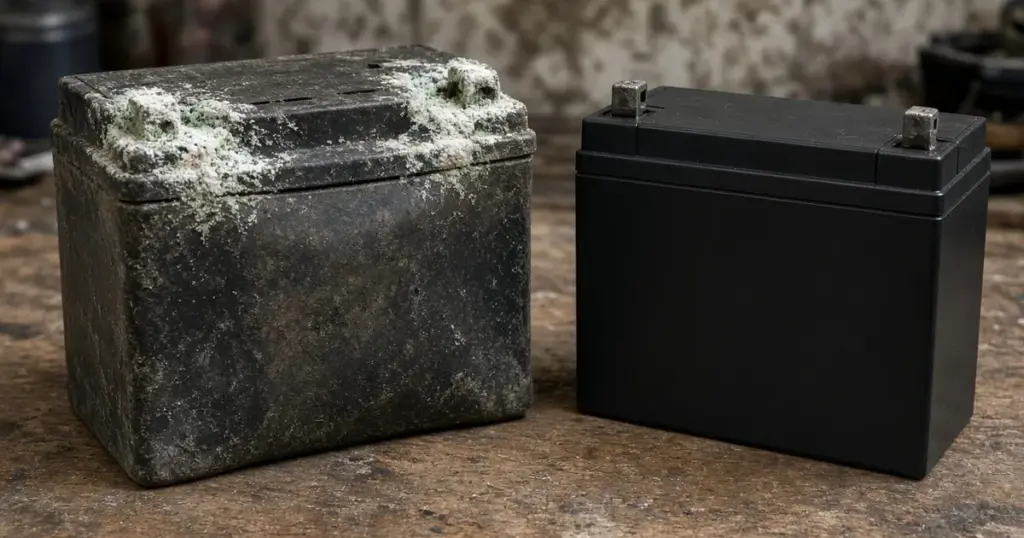 Old battery crusted with corrosion beside a clean new battery