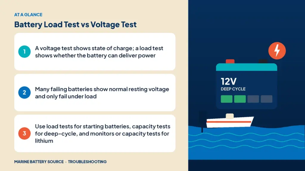 At-a-glance summary: A voltage test shows state of charge; a load test shows whether the battery can deliver power; Many failing batteries show normal resting voltage and only fail under load; Use load tests for starting batteries, capacity tests for deep-cycle, and monitors or capacity tests for lithium