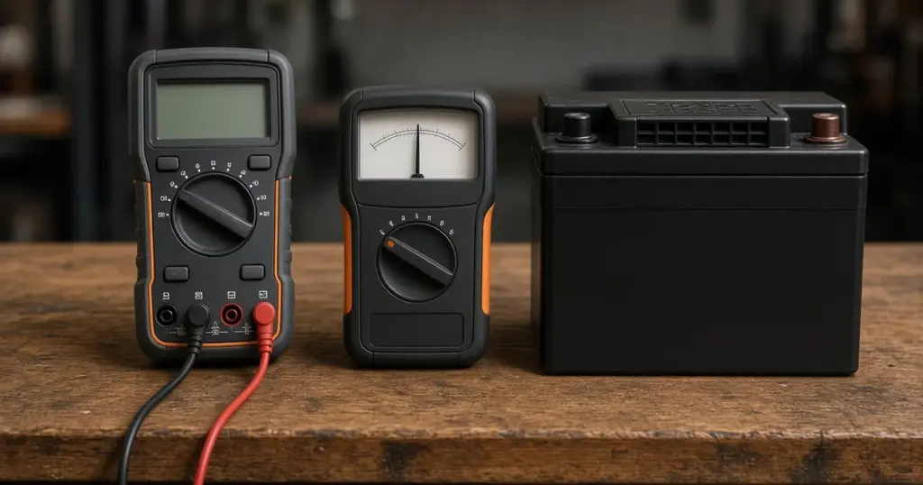 Digital multimeter and analog load tester beside a battery on a wooden bench