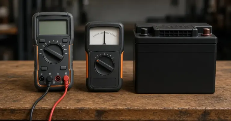 Digital multimeter and analog load tester beside a battery on a wooden bench