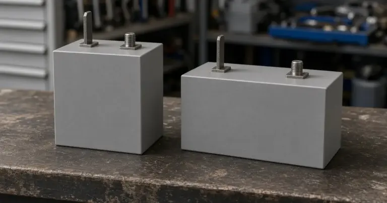Tall GC2-size lithium battery beside a wider group 31 battery on a workbench