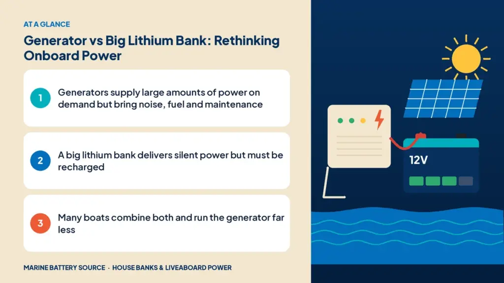 At-a-glance summary: Generators supply large amounts of power on demand but bring noise, fuel and maintenance; A big lithium bank delivers silent power but must be recharged; Many boats combine both and run the generator far less