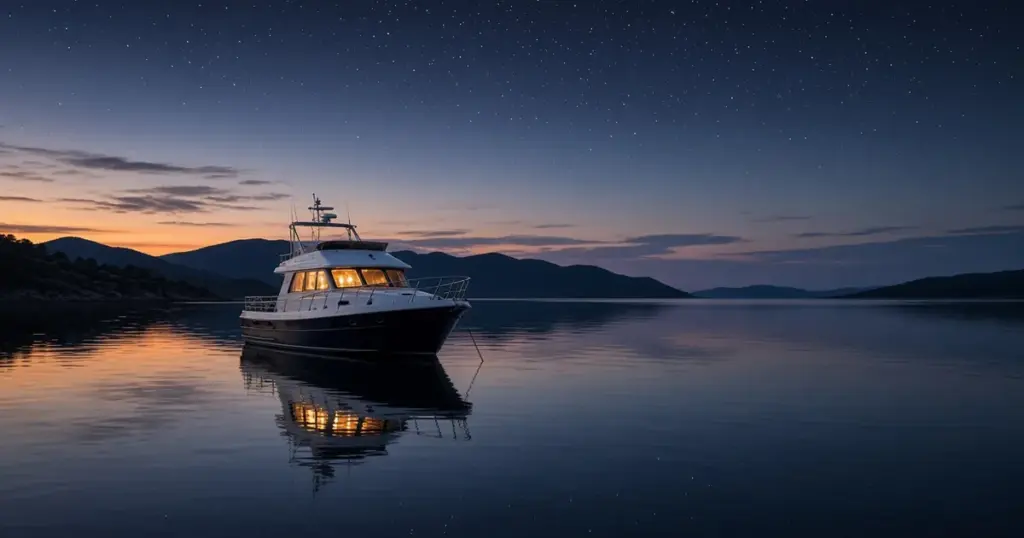 Motor yacht anchored in a still bay at twilight with its cabin lights glowing