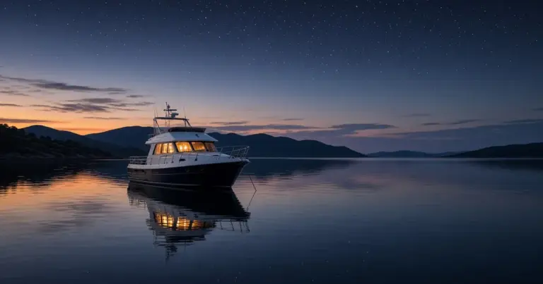 Motor yacht anchored in a still bay at twilight with its cabin lights glowing