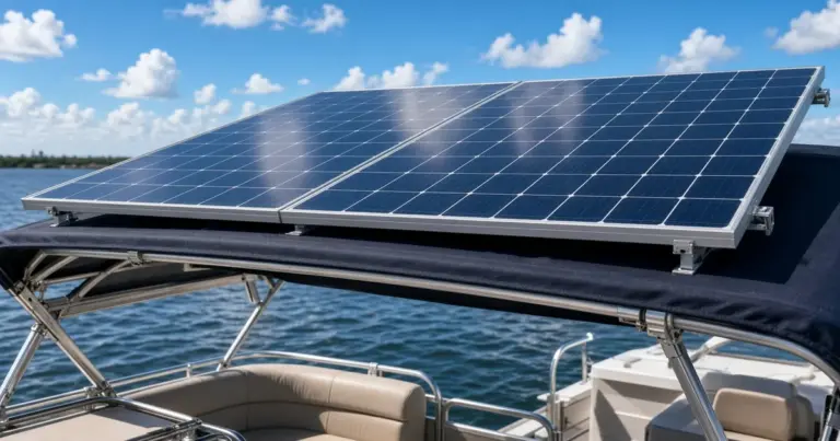 Two rigid solar panels mounted on a rail frame above a boat's cockpit on a sunny day