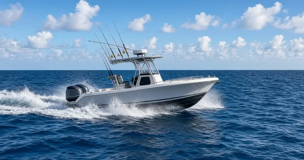 Center console fishing boat with rod holders running fast across blue water under a sunny sky