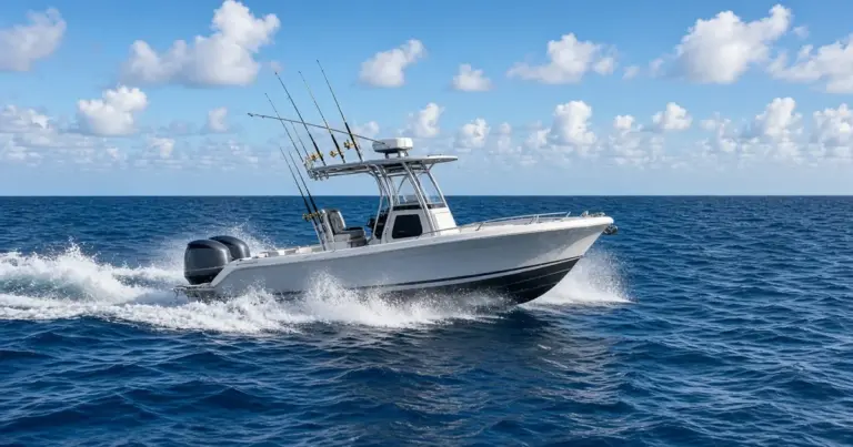 Center console fishing boat with rod holders running fast across blue water under a sunny sky