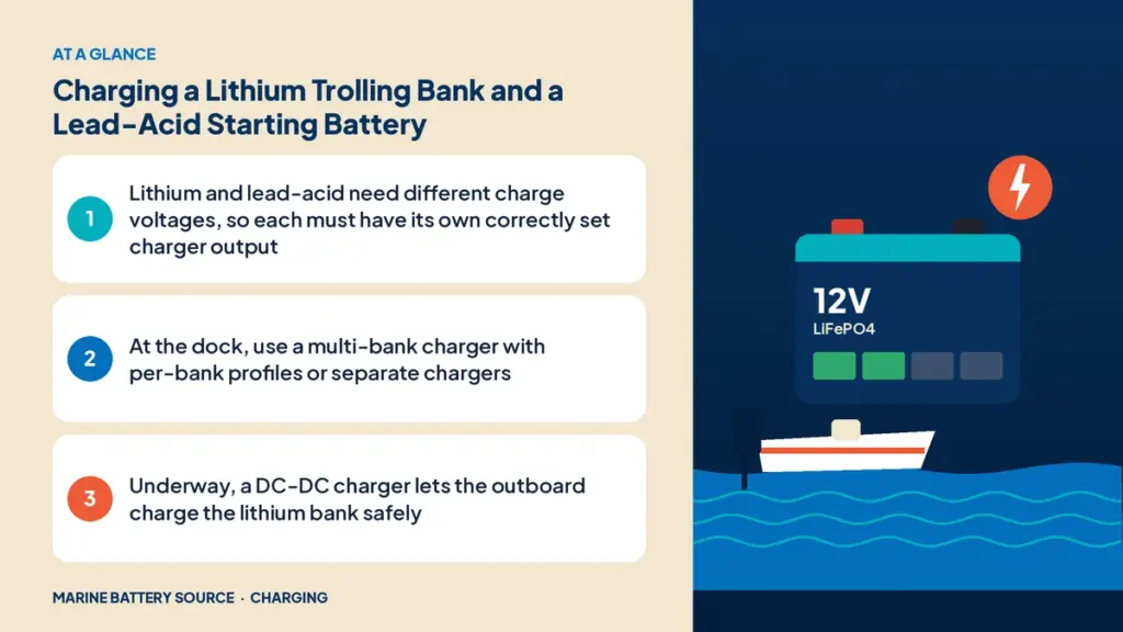 At-a-glance summary: Lithium and lead-acid need different charge voltages, so each must have its own correctly set charger output; At the dock, use a multi-bank charger with per-bank profiles or separate chargers; Underway, a DC-DC charger lets the outboard charge the lithium bank safely