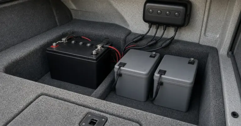 Lead-acid starting battery and two lithium batteries in a boat compartment with a multi-bank charger above
