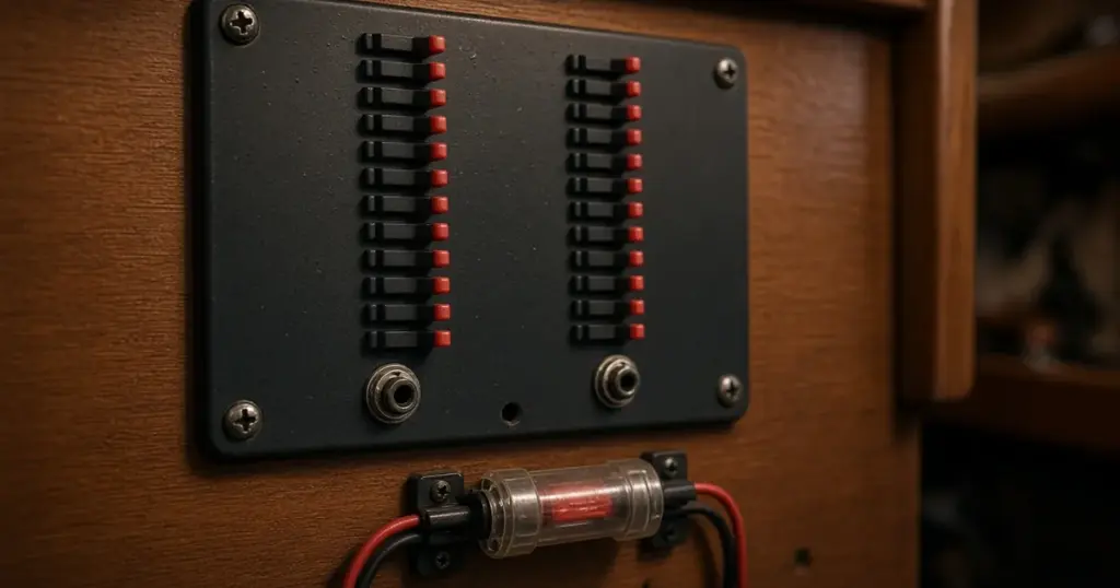 Breaker panel with two rows of switches on a wooden bulkhead above an inline fuse holder