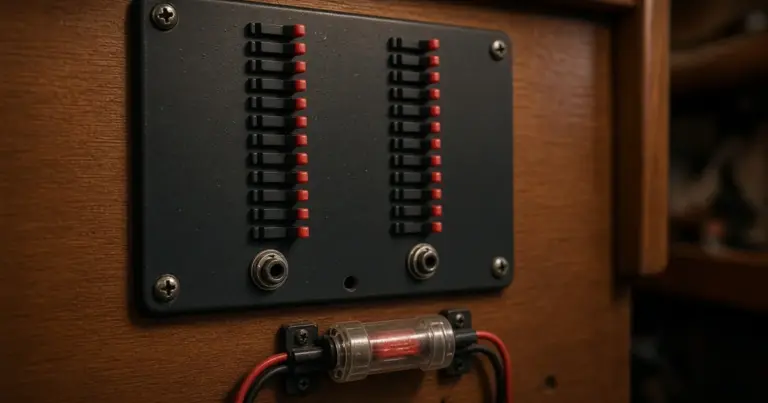 Breaker panel with two rows of switches on a wooden bulkhead above an inline fuse holder