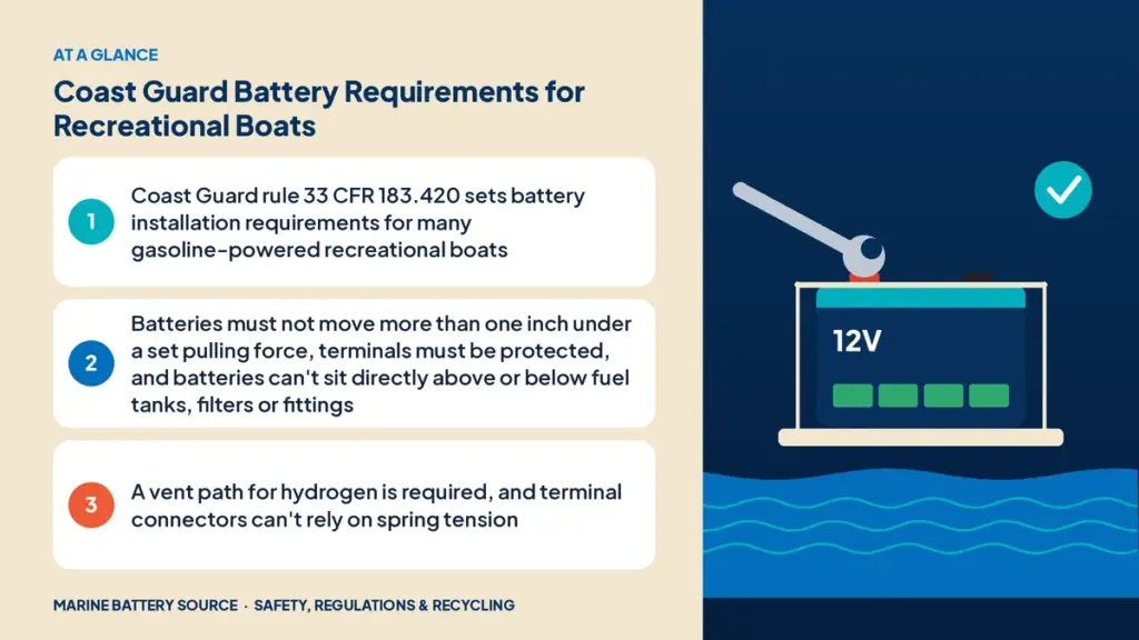 At-a-glance summary: Coast Guard rule 33 CFR 183.420 sets battery installation requirements for many gasoline-powered recreational boats; Batteries must not move more than one inch under a set pulling force, terminals must be protected, and batteries can't sit directly above or below fuel tanks, filters or fittings; A vent path for hydrogen is required, and terminal connectors can't rely on spring tension