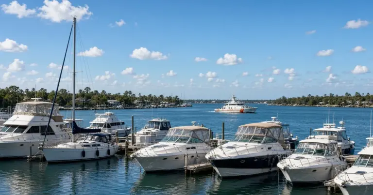 Motor yachts and sailboats docked at a sunny marina