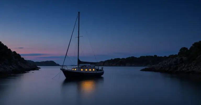 Sailboat at anchor in a quiet cove at dusk with cabin lights glowing
