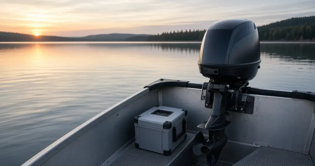 Aluminum boat with an electric outboard and a battery box on a calm lake at dawn