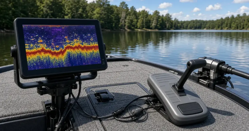 Bow-mounted fish finder, trolling motor foot pedal and wiring on a fishing boat deck by a lake