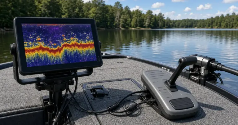 Bow-mounted fish finder, trolling motor foot pedal and wiring on a fishing boat deck by a lake