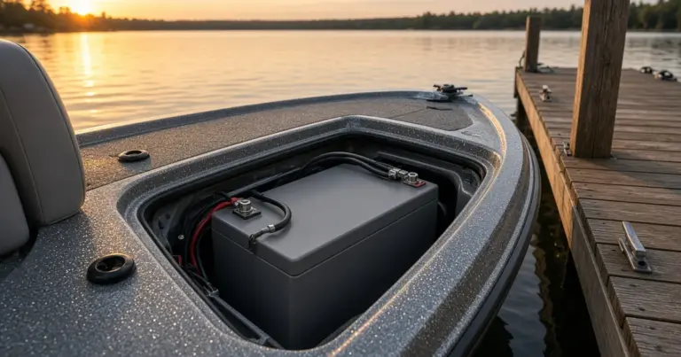Lithium battery in a bass boat's open compartment beside a dock at sunset