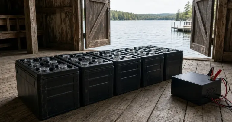 Row of flooded batteries on a boathouse floor connected to a charger, lake visible through open doors