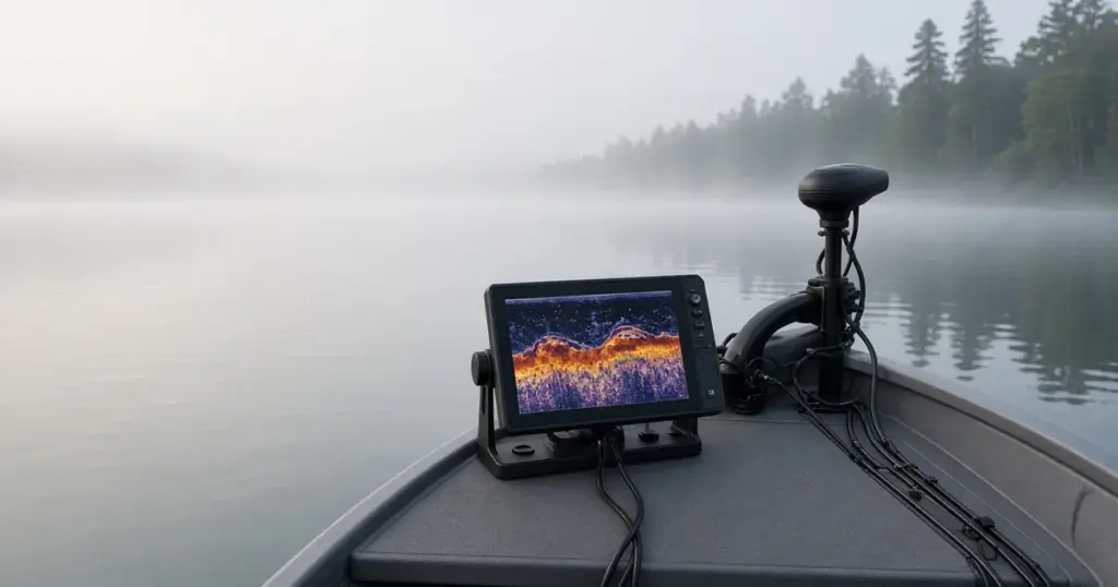 Fish finder showing sonar returns on a bass boat deck by a bow trolling motor on a misty lake