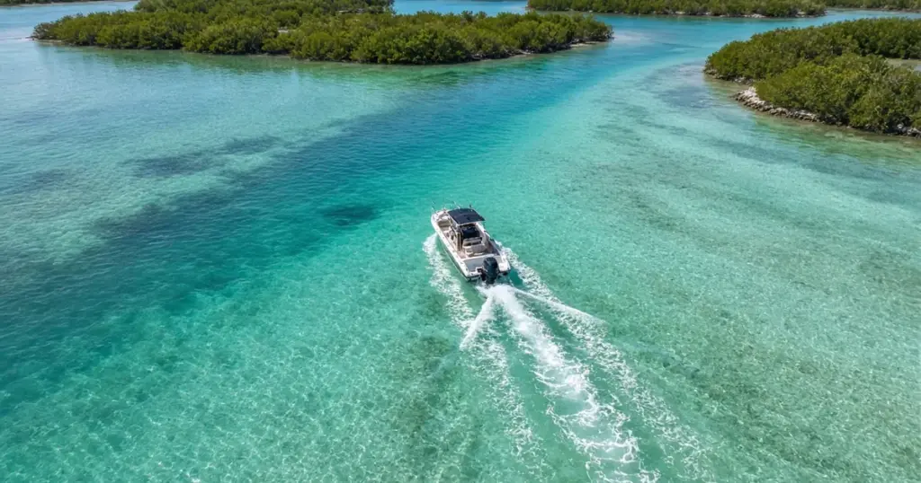 Aerial view of a boat running through turquoise shallows between mangrove islands
