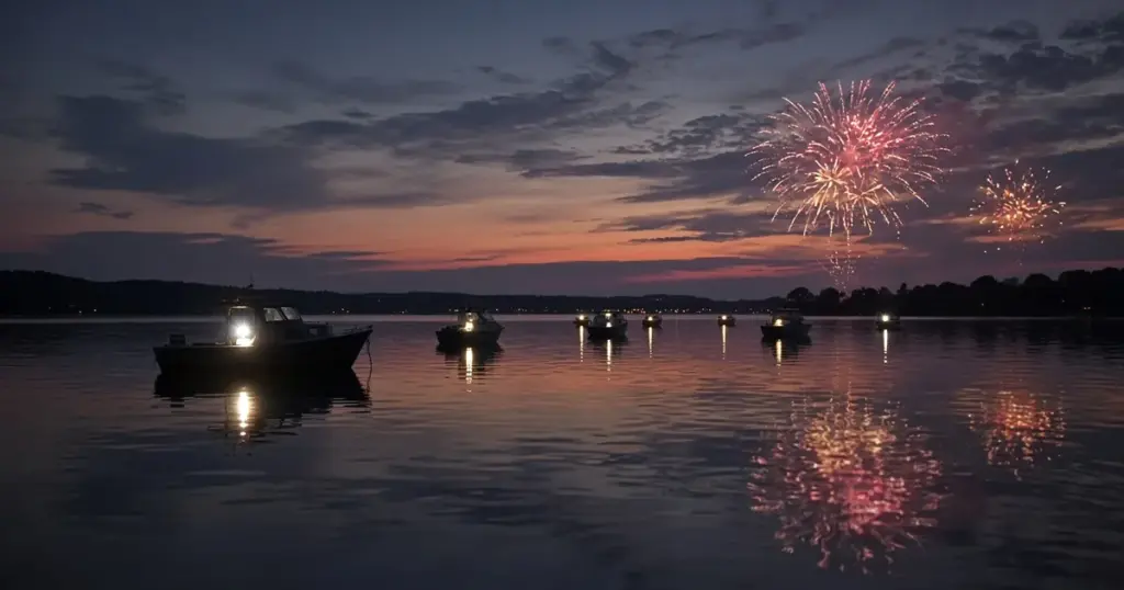 Boats anchored on a lake at dusk as fireworks burst overhead