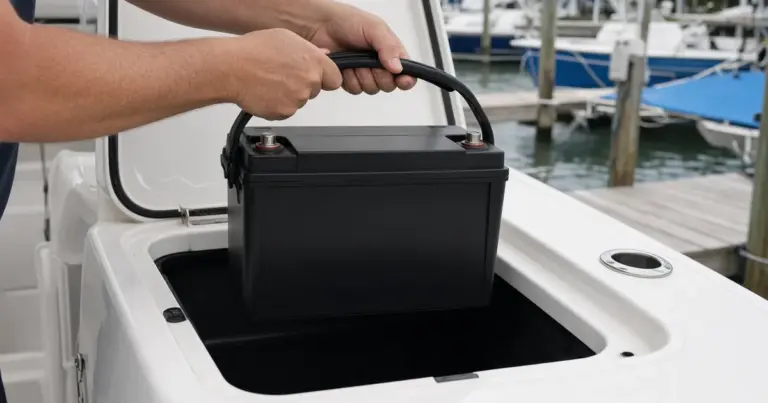 Hands lifting a group 27 battery by its handle into a boat compartment at a marina