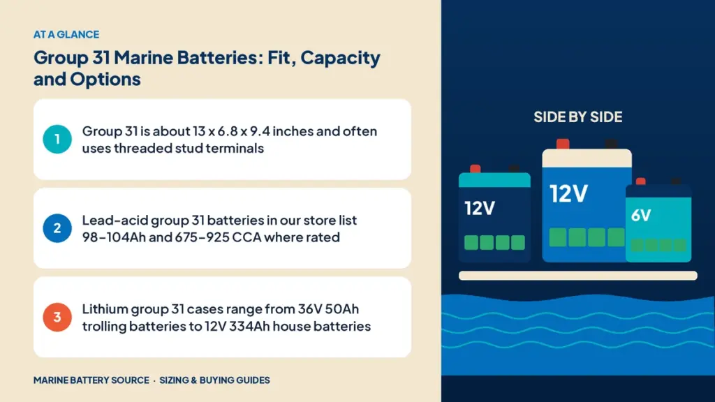 At-a-glance summary: Group 31 is about 13 x 6.8 x 9.4 inches and often uses threaded stud terminals; Lead-acid group 31 batteries in our store list 98–104Ah and 675–925 CCA where rated; Lithium group 31 cases range from 36V 50Ah trolling batteries to 12V 334Ah house batteries