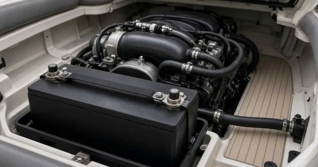 Group 31 battery mounted beside an inboard engine in a boat's engine compartment