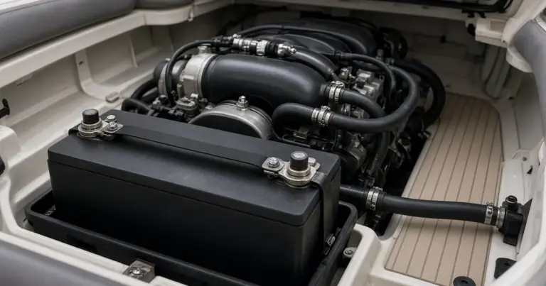 Group 31 battery mounted beside an inboard engine in a boat's engine compartment
