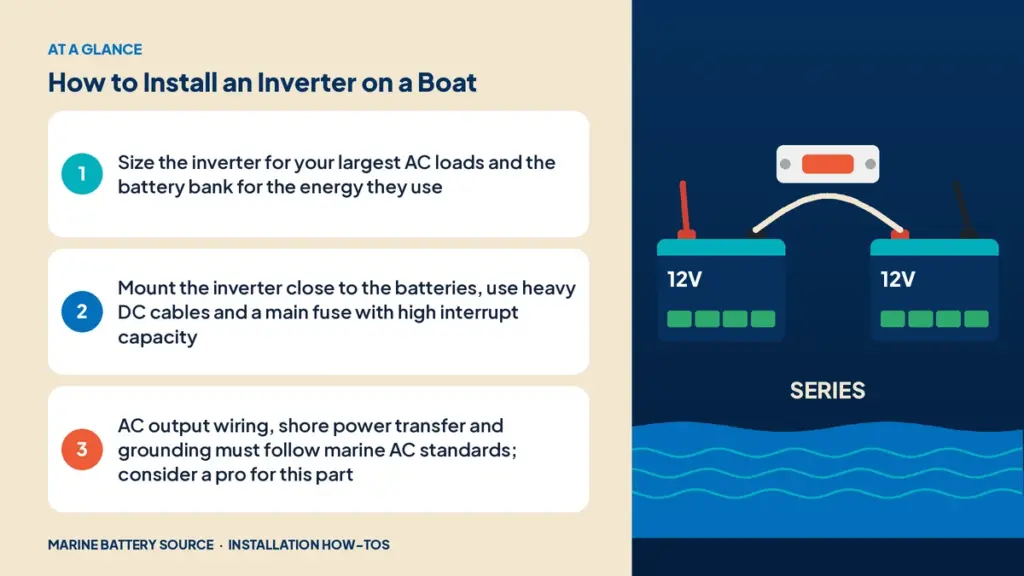 At-a-glance summary: Size the inverter for your largest AC loads and the battery bank for the energy they use; Mount the inverter close to the batteries, use heavy DC cables and a main fuse with high interrupt capacity; AC output wiring, shore power transfer and grounding must follow marine AC standards; consider a pro for this part