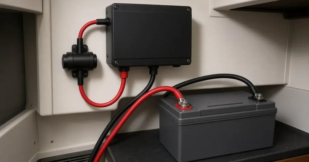 Inverter mounted on a boat bulkhead with heavy red cable and a fuse running to a battery
