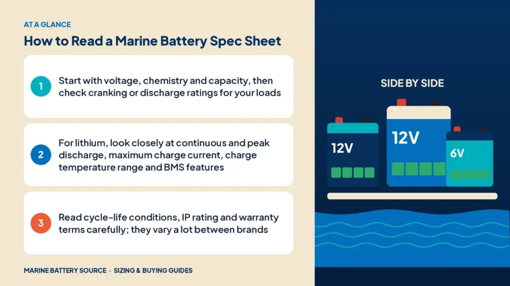 At-a-glance summary: Start with voltage, chemistry and capacity, then check cranking or discharge ratings for your loads; For lithium, look closely at continuous and peak discharge, maximum charge current, charge temperature range and BMS features; Read cycle-life conditions, IP rating and warranty terms carefully; they vary a lot between brands