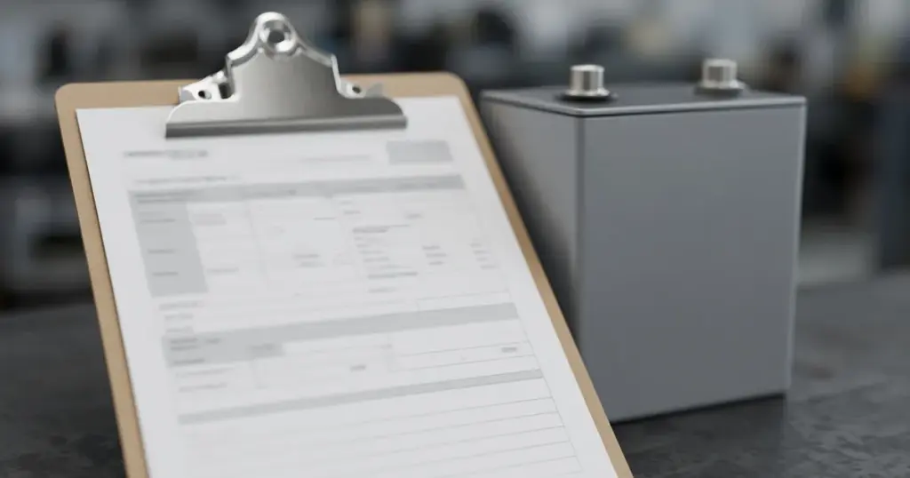 Clipboard with a printed specification sheet beside a gray battery