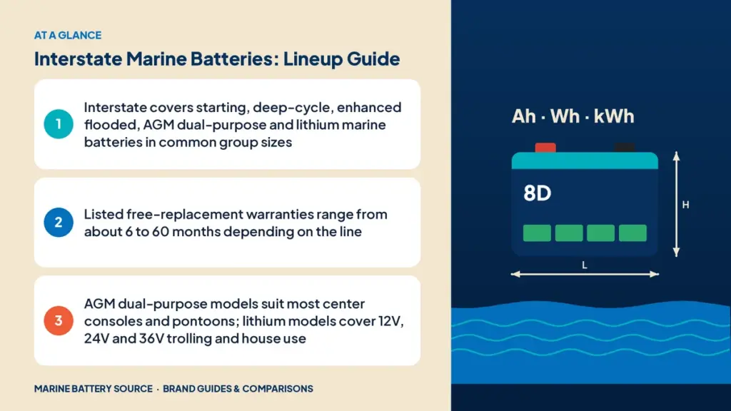 At-a-glance summary: Interstate covers starting, deep-cycle, enhanced flooded, AGM dual-purpose and lithium marine batteries in common group sizes; Listed free-replacement warranties range from about 6 to 60 months depending on the line; AGM dual-purpose models suit most center consoles and pontoons; lithium models cover 12V, 24V and 36V trolling and house use