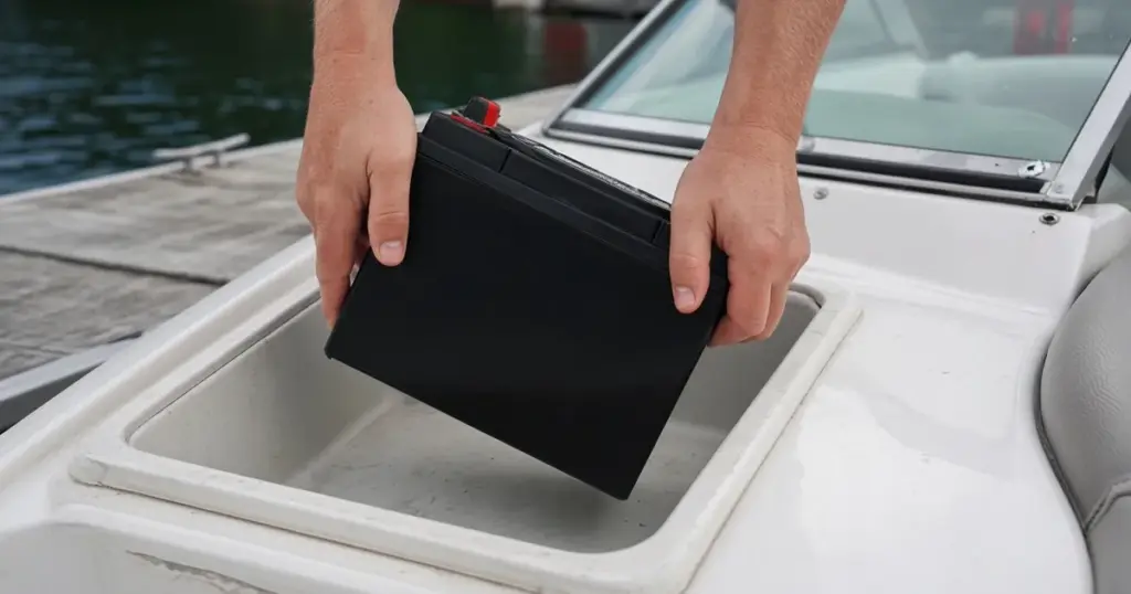 Hands lowering a battery into a boat's battery compartment at a marina