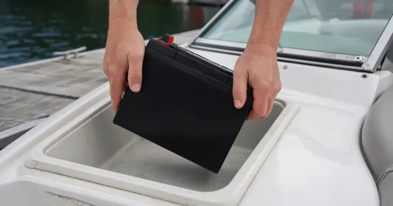 Hands lowering a battery into a boat's battery compartment at a marina