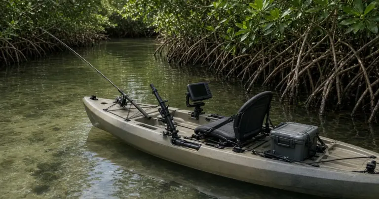 Fishing kayak with rods, a seat and a small battery box on calm water beside mangroves