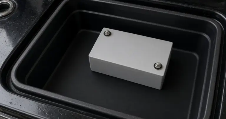 Compact lithium battery sitting in a larger empty battery box