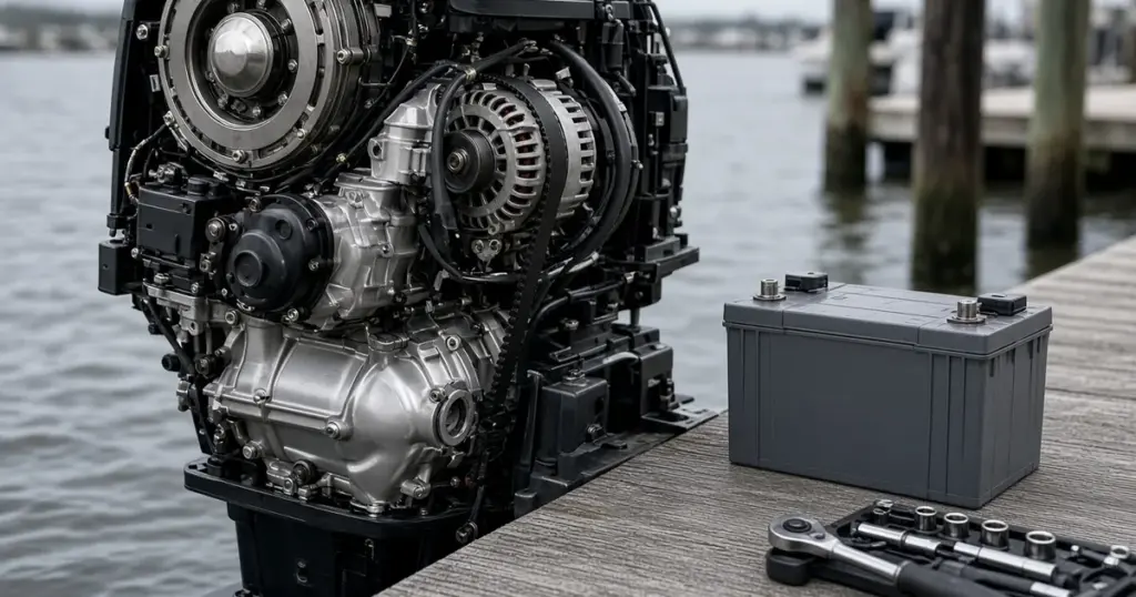 Outboard powerhead with the cowling removed beside a lithium battery and tools on a dock